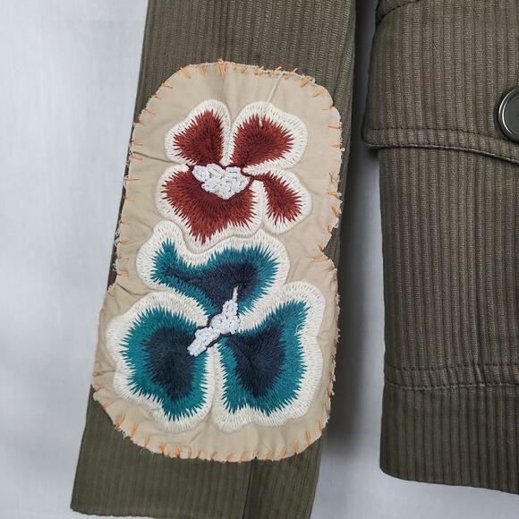 Aziz Womens Olive Cotton Embroidered‎ Flap Pockets One Button Blazer Jacket Sz L - Picture 7 of 12